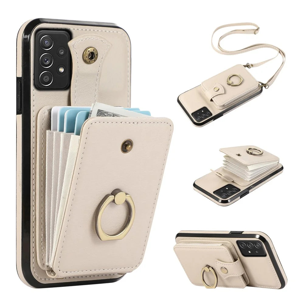 For Samsung Galaxy A52 4G / A52s 5G / A52 5G Case Card Holder PU Leather Phone Cover with Kickstand - Beige - 1