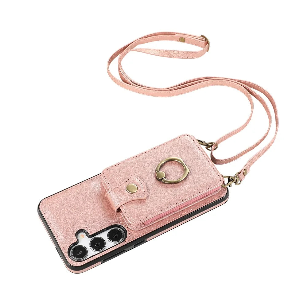 For Samsung Galaxy S24+ Cell Phone Case Card Holder TPU+PU Leather Phone Cover with Kickstand - Rose Gold - 6