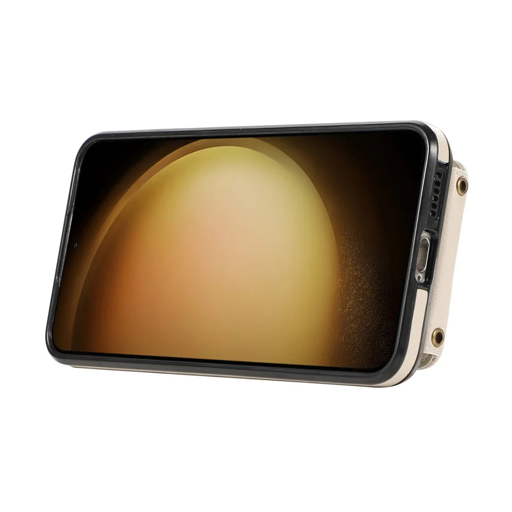 For Samsung Galaxy S24 Dustproof TPU+PU Leather Phone Cover Card Holder Kickstand Mobile Phone Case - Beige - 4