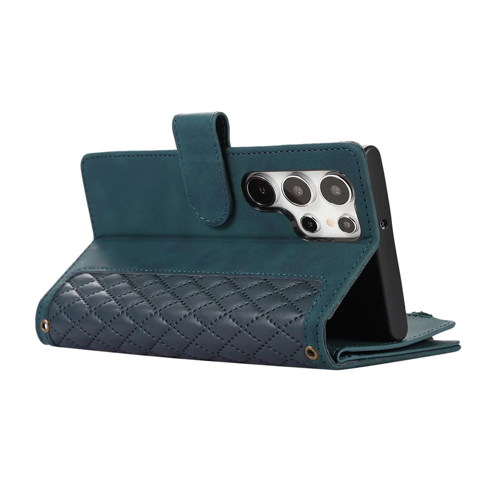 For Samsung Galaxy S24 Ultra Case 9 Card Slots Zipper Pocket Wallet Leather Phone Shell with 2 Straps - Green - 3
