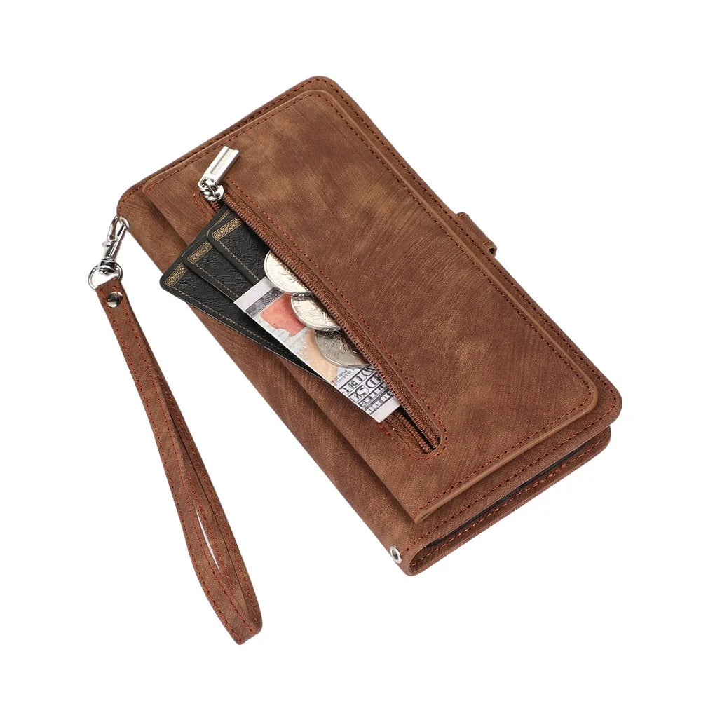 For Samsung Galaxy A15 5G Case Zipper Pocket 9 Card Slots PU Leather Phone Cover with Wrist Strap - Brown - 6