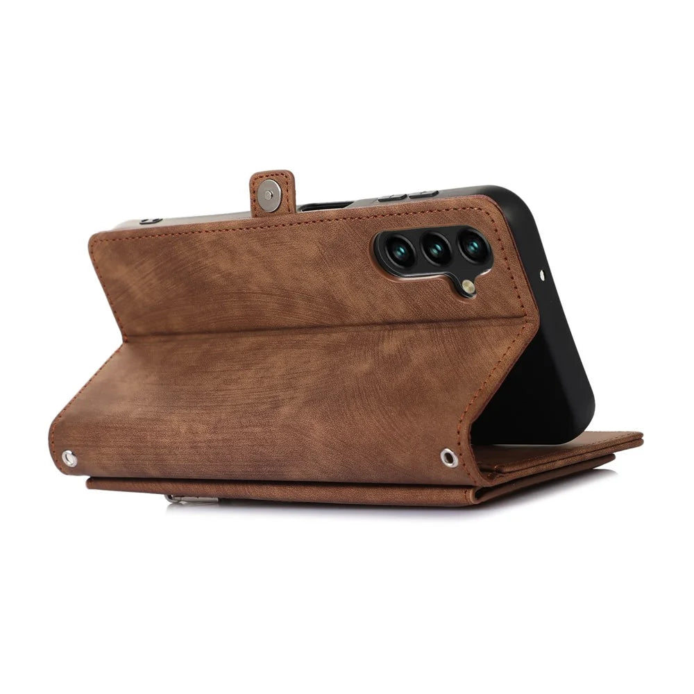 For Samsung Galaxy S25+ / S24+ Case Zipper Pocket 9 Card Slots PU Leather Phone Cover with Wrist Strap - Brown - 4