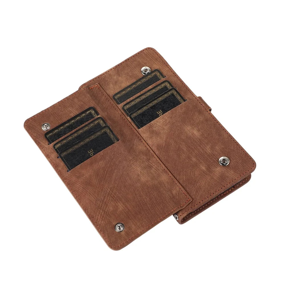 For Samsung Galaxy S25+ / S24+ Case Zipper Pocket 9 Card Slots PU Leather Phone Cover with Wrist Strap - Brown - 5