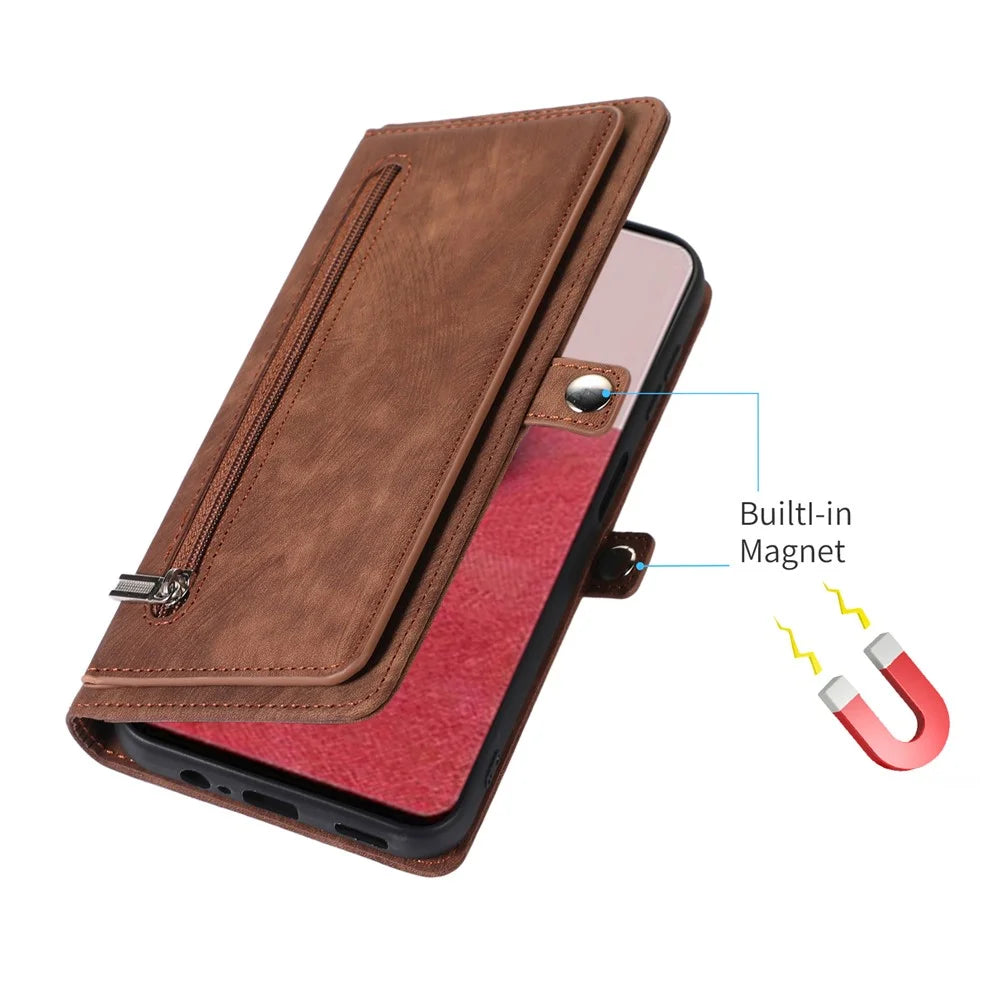 For Samsung Galaxy S25+ / S24+ Case Zipper Pocket 9 Card Slots PU Leather Phone Cover with Wrist Strap - Brown - 7