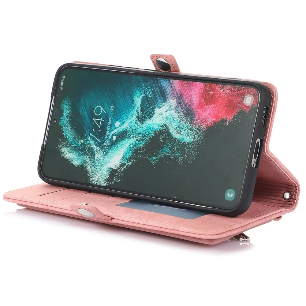 For Samsung Galaxy S24 Ultra Case Zipper Pocket 9 Card Slots PU Leather Phone Cover with Wrist Strap - Rose Gold - 3