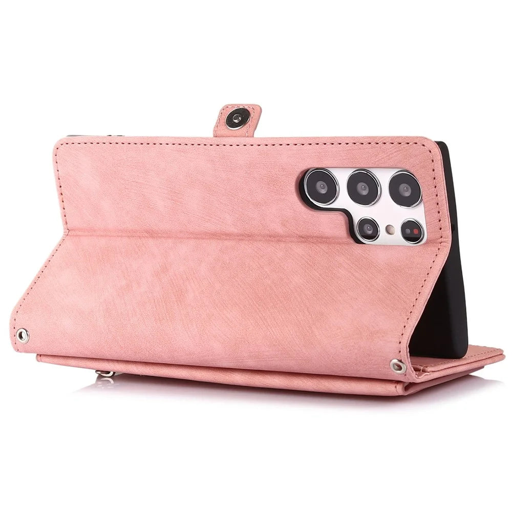 For Samsung Galaxy S24 Ultra Case Zipper Pocket 9 Card Slots PU Leather Phone Cover with Wrist Strap - Rose Gold - 4
