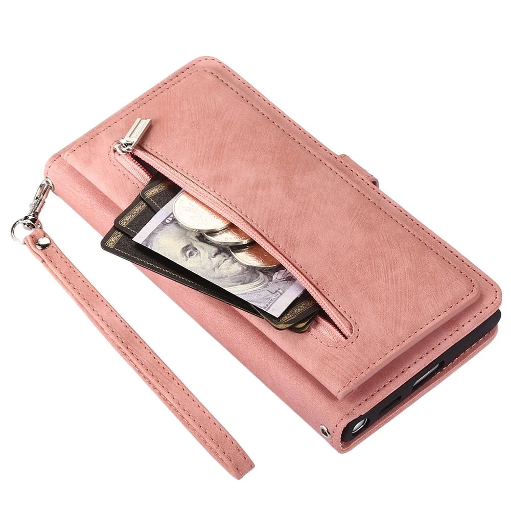For Samsung Galaxy S24 Ultra Case Zipper Pocket 9 Card Slots PU Leather Phone Cover with Wrist Strap - Rose Gold - 6
