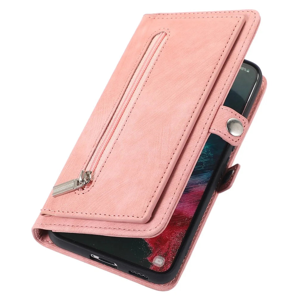For Samsung Galaxy S24 Ultra Case Zipper Pocket 9 Card Slots PU Leather Phone Cover with Wrist Strap - Rose Gold - 7