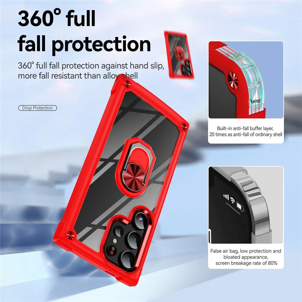 For Samsung Galaxy S24 Ultra Case Drop-proof PC+TPU Metal Ring Kickstand Phone Back Shell - Red - 5