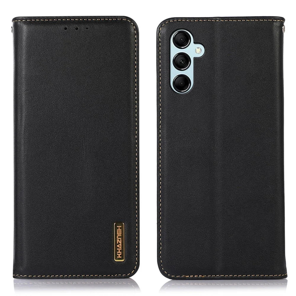 KHAZNEH For Samsung Galaxy A35 5G Case Genuine Cow Leather Nappa Texture Cover with Stand - Black - 2
