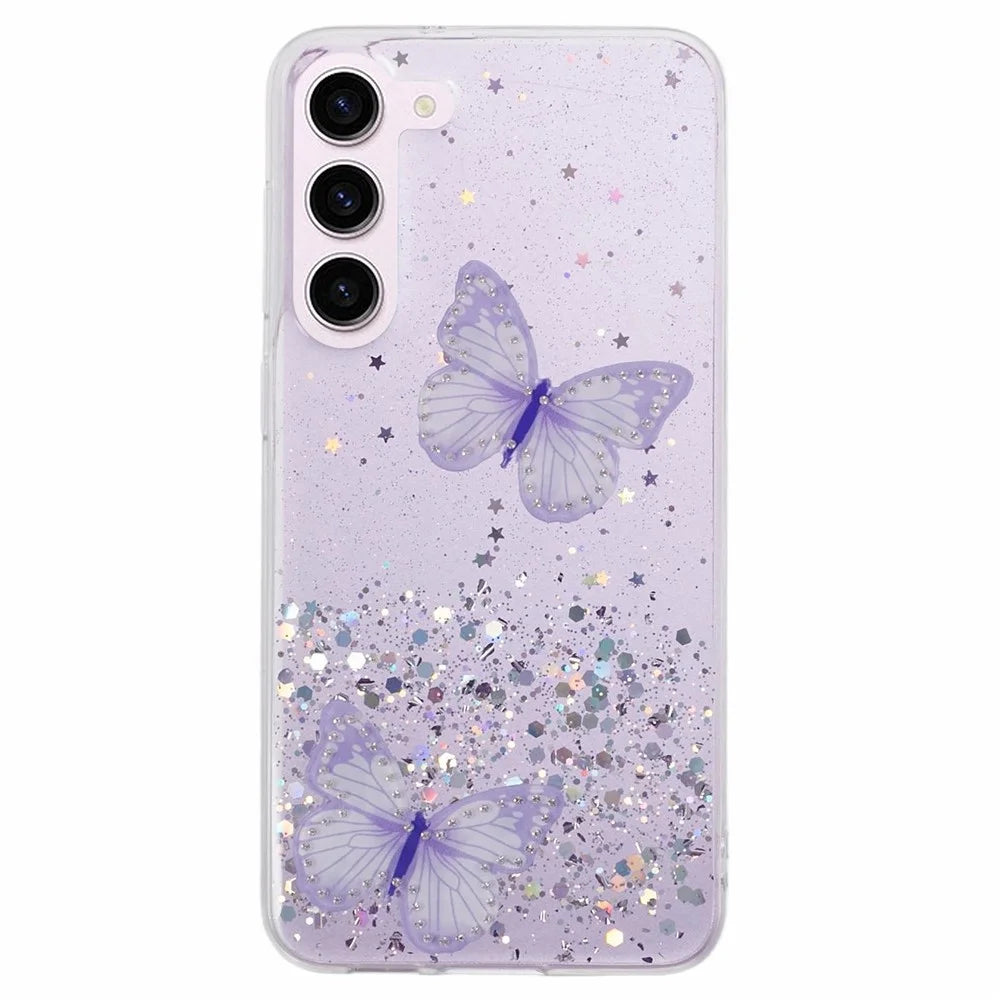 AW Series For Samsung Galaxy S24 Case TPU+PVC Sparkle Epoxy Butterfly Decor Cover with Big Rear Lens Hole - Purple - 1