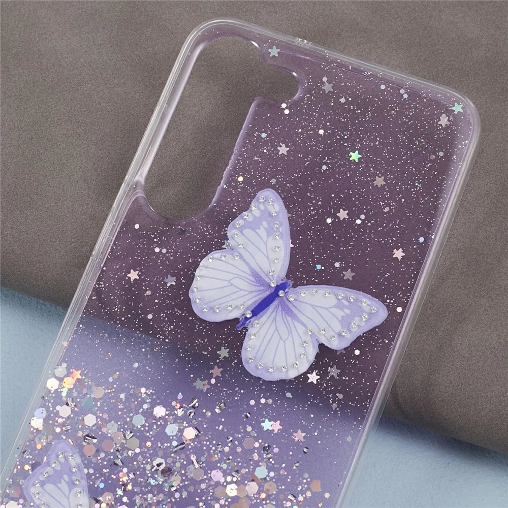 AW Series For Samsung Galaxy S24 Case TPU+PVC Sparkle Epoxy Butterfly Decor Cover with Big Rear Lens Hole - Purple - 4