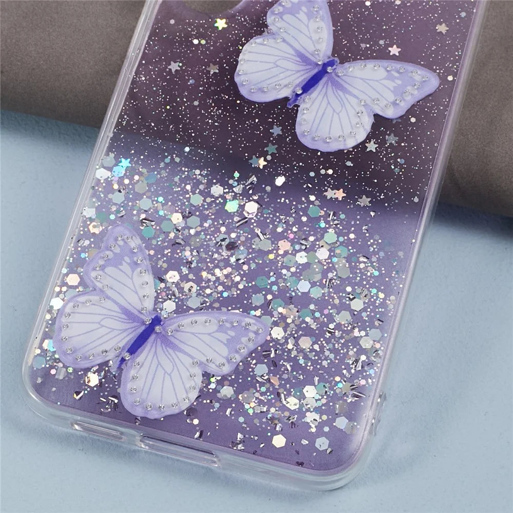 AW Series For Samsung Galaxy S24 Case TPU+PVC Sparkle Epoxy Butterfly Decor Cover with Big Rear Lens Hole - Purple - 5