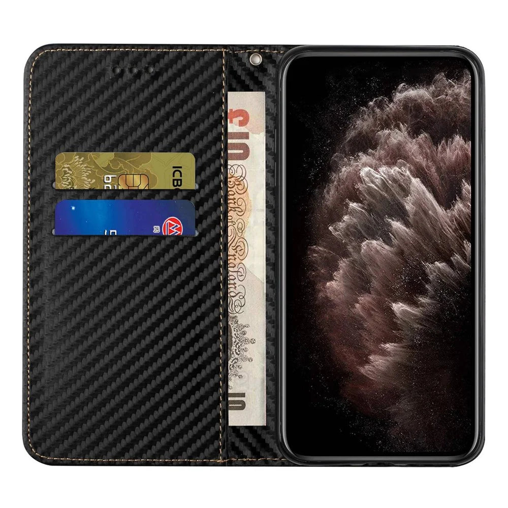 For Samsung Galaxy S24 Case Carbon Fiber Texture Wallet Stand Leather Cover - Black - 2