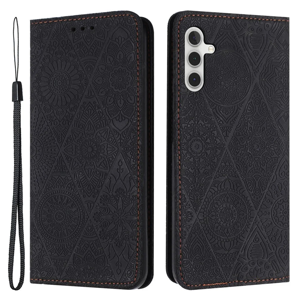 For Samsung Galaxy S25+ / S24+ Case Imprinted Flower Leather Cover with Wallet Stand - Black - 1