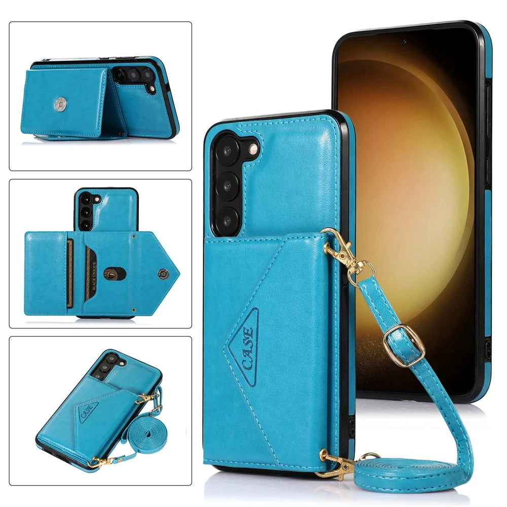 For Samsung Galaxy A34 5G Case Triangle Lid Card Bag Leather+TPU Crossbody Phone Cover - Blue - 6