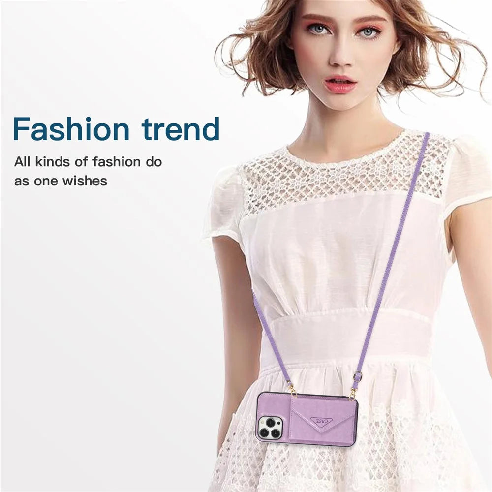 For iPhone 15 Pro Case Card Holder Drop-proof PU+TPU Phone Cover with Shoulder Strap - Purple - 4
