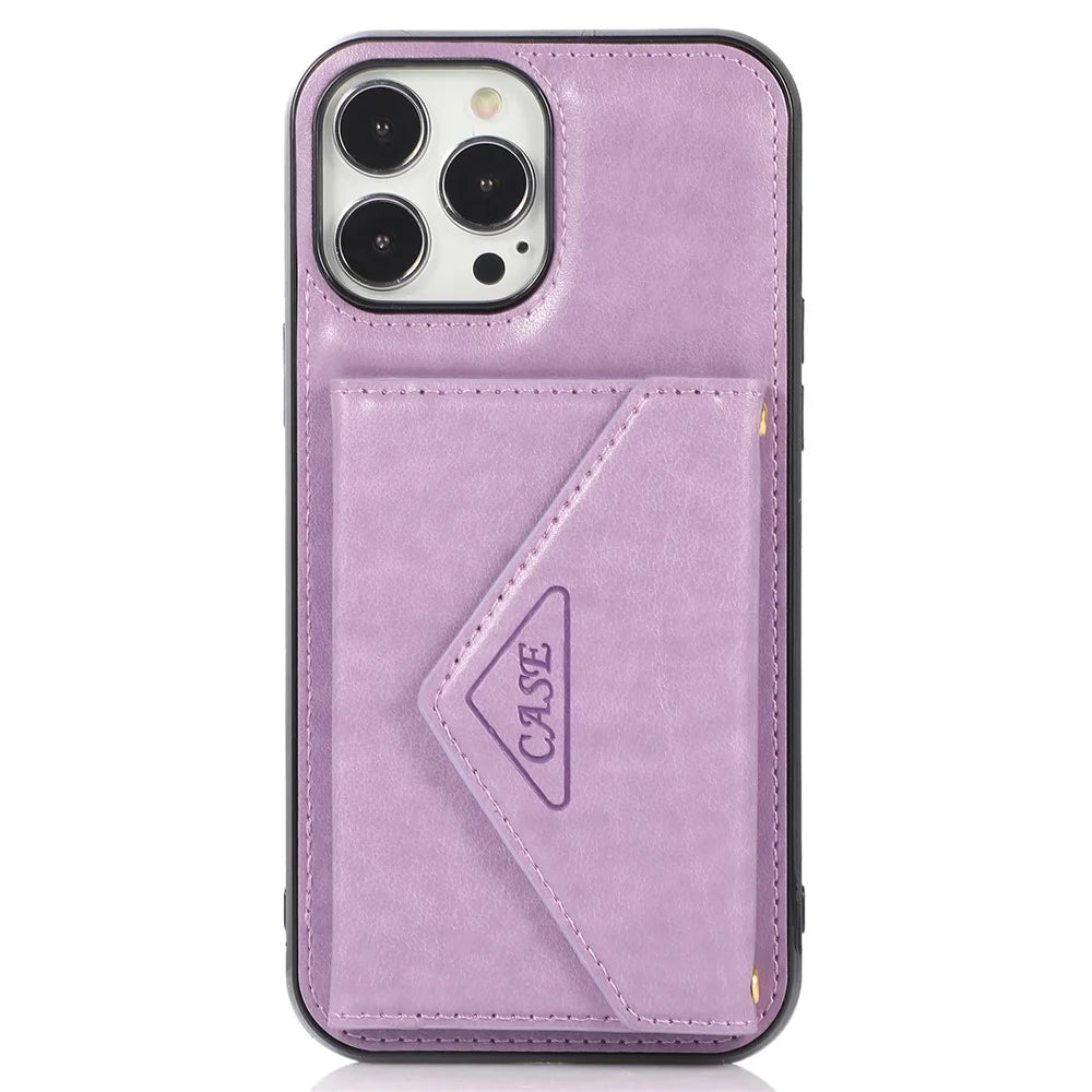 For iPhone 15 Pro Case Card Holder Drop-proof PU+TPU Phone Cover with Shoulder Strap - Purple - 7