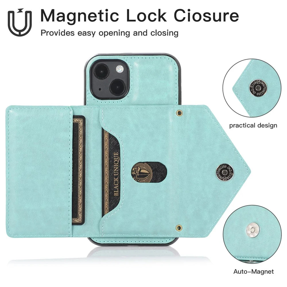For iPhone 15 Plus Case PU Leather+TPU Card Holder Anti-fall Cover with Long Strap - Green - 5