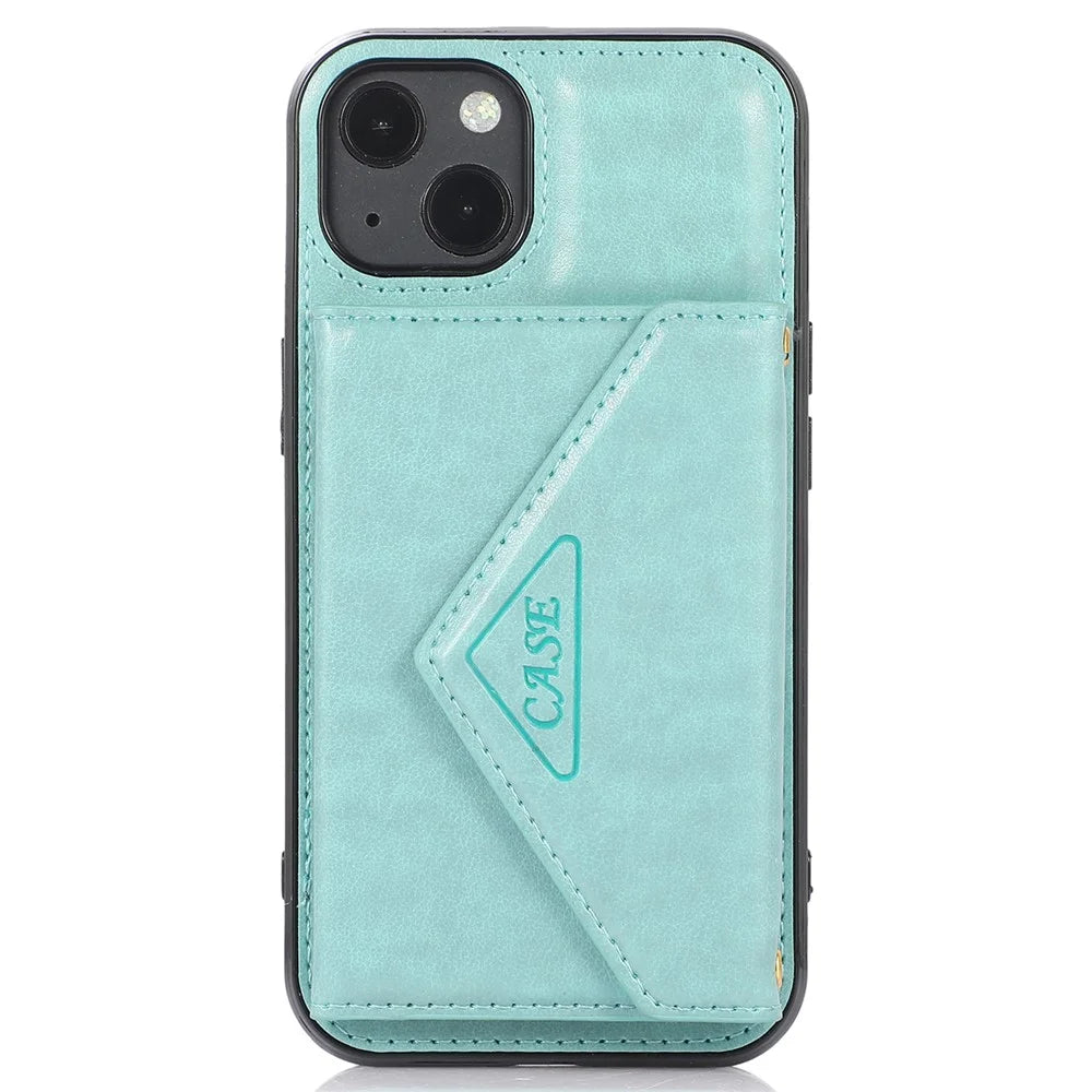 For iPhone 15 Plus Case PU Leather+TPU Card Holder Anti-fall Cover with Long Strap - Green - 7