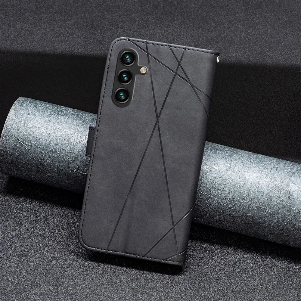 BINFEN COLOR For Samsung Galaxy A55 5G Phone Cases Wallet Stand Geometry Imprint Leather Cover - Black - 6