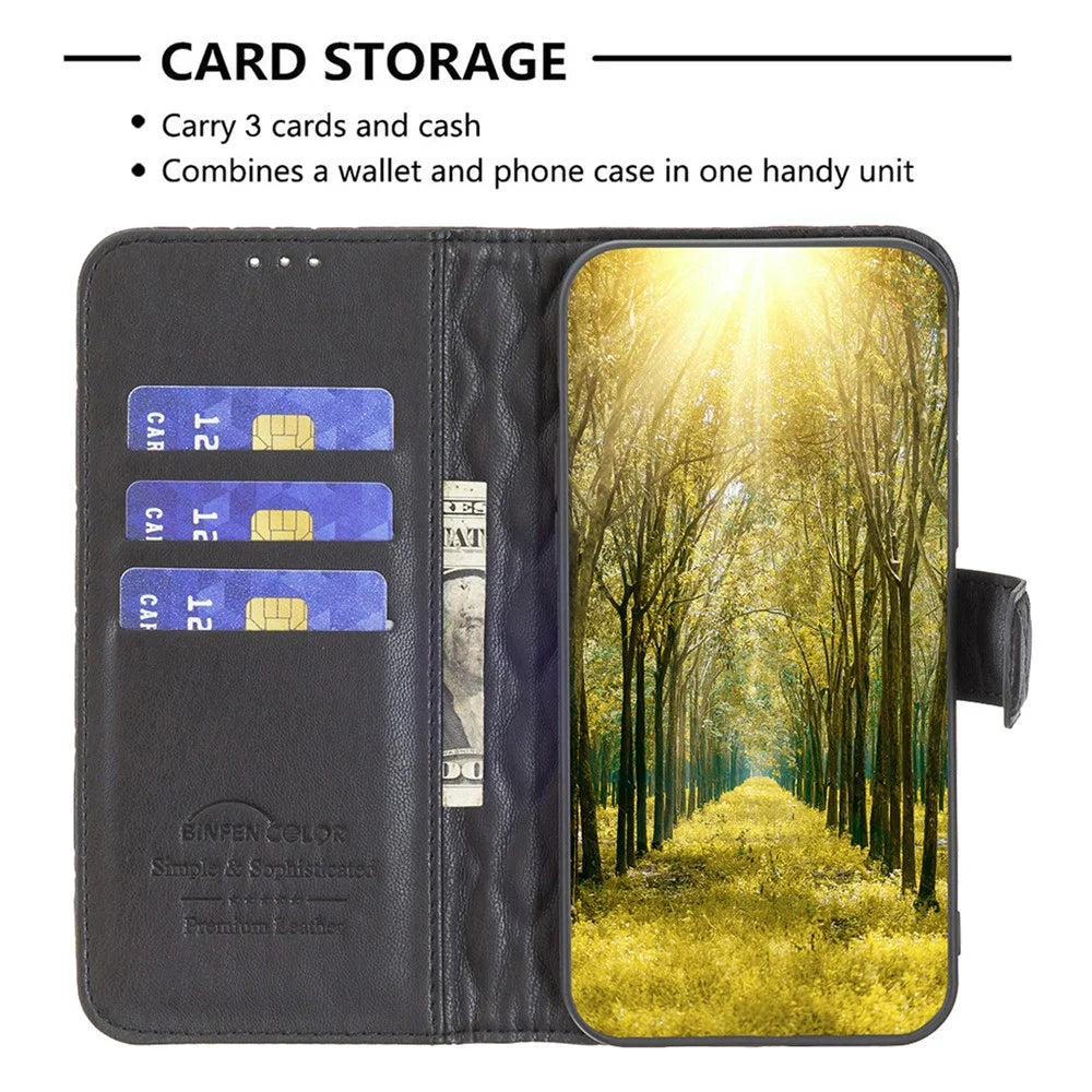 BINFEN COLOR BF Style-14 For Samsung Galaxy A55 5G Leather Case Rhombus Grid Pattern Phone Cover - Black - 3