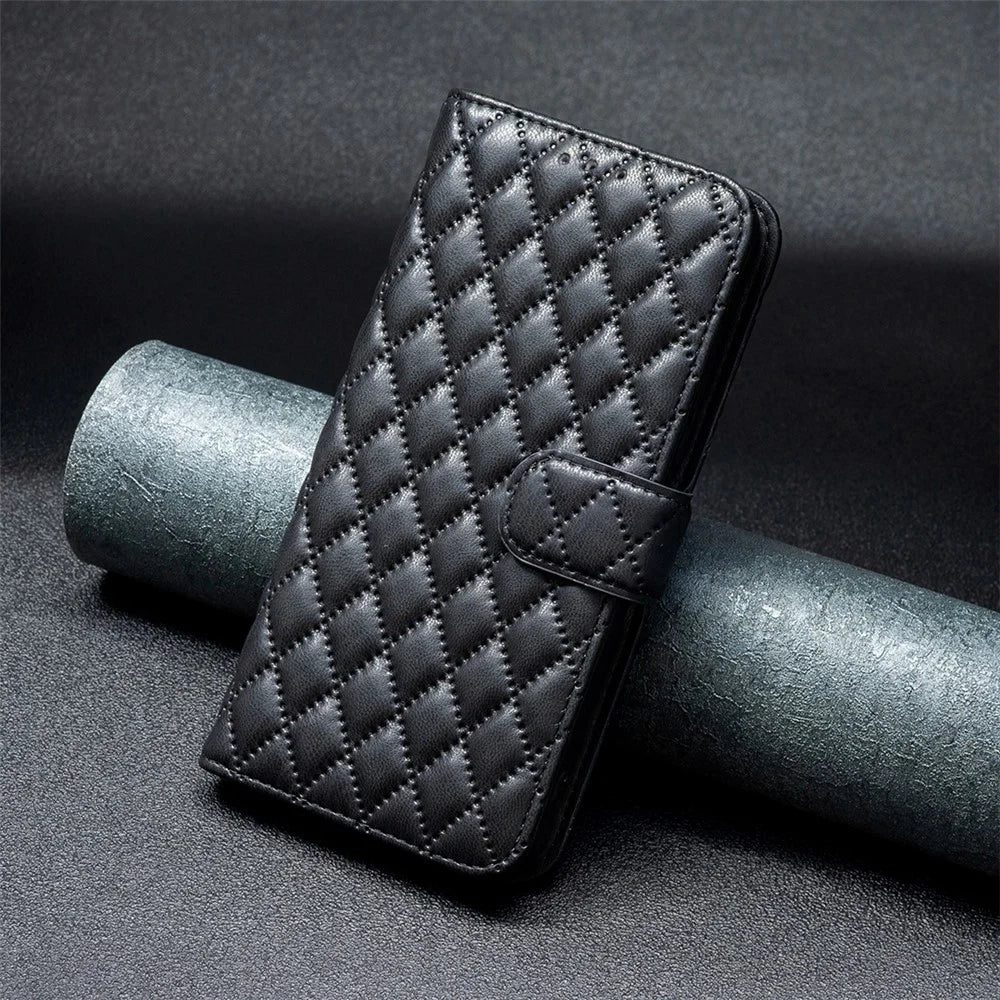 BINFEN COLOR BF Style-14 For Samsung Galaxy A55 5G Leather Case Rhombus Grid Pattern Phone Cover - Black - 7