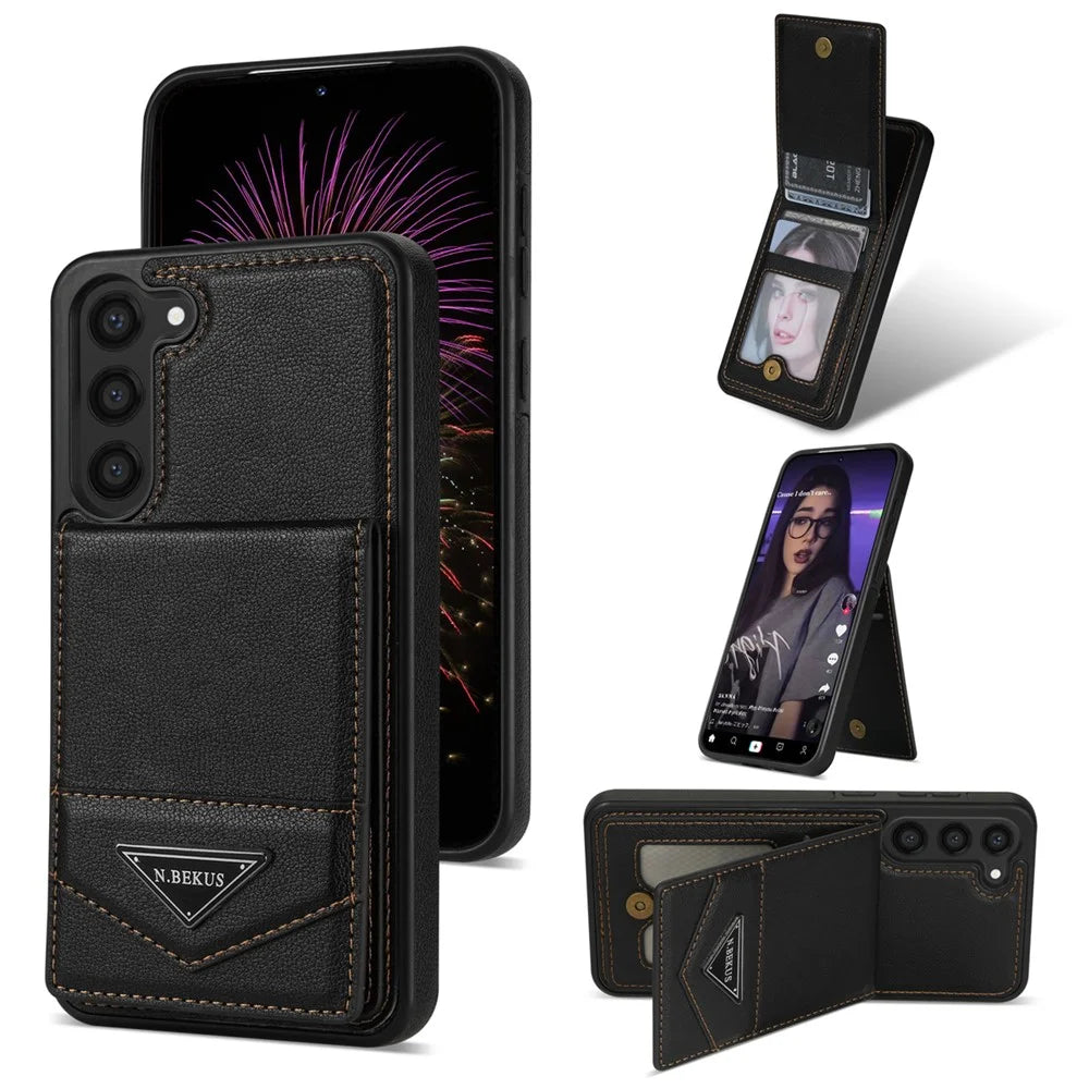 N.BEKUS For Samsung Galaxy S24 Case Leather+TPU Vertical Flip Card Holder Kickstand Phone Cover - Black - 1