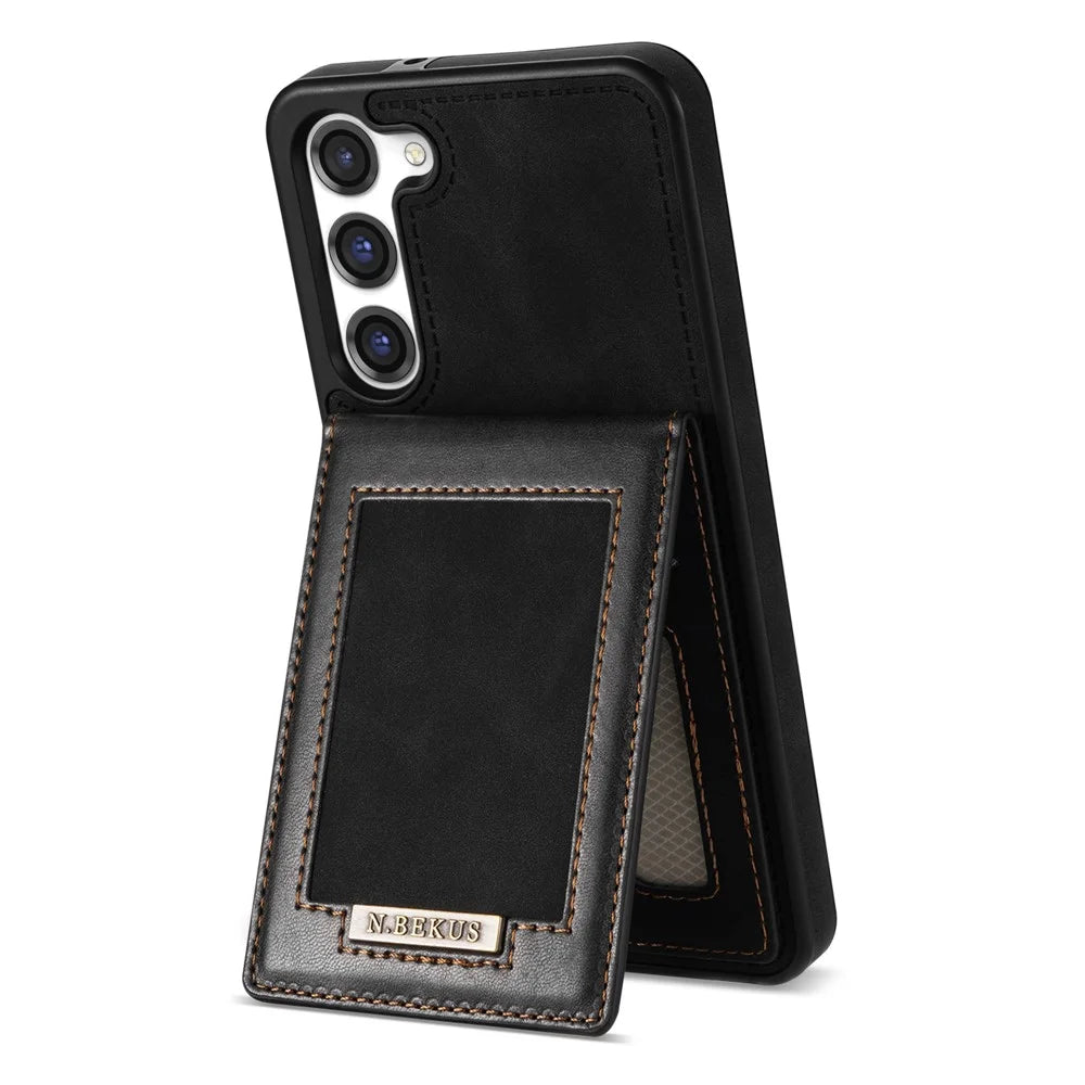 N.BEKUS For Samsung Galaxy S24 Kickstand Card Slots Case RFID Blocking Leather Back Cover - Black - 2
