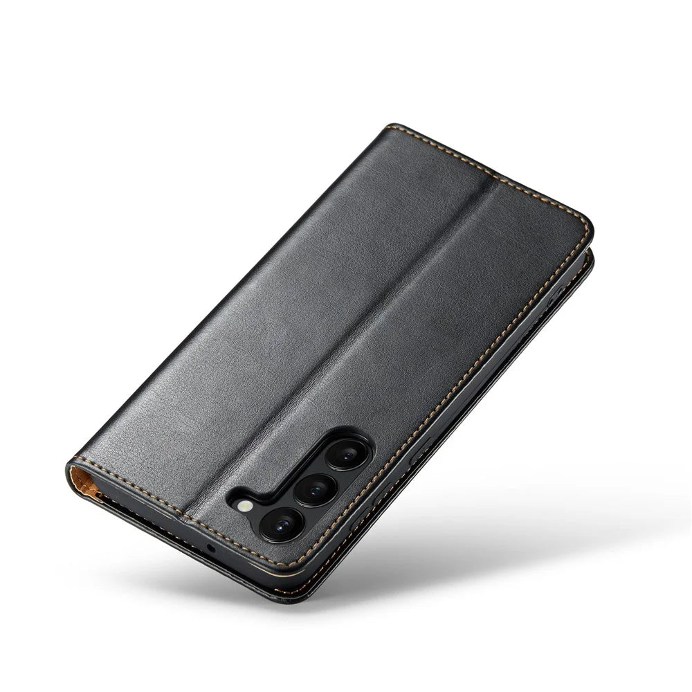 FIERRE SHANN For Samsung Galaxy S24+ Magnetic Case PU Leather+TPU Smart Phone Protector - Black - 5