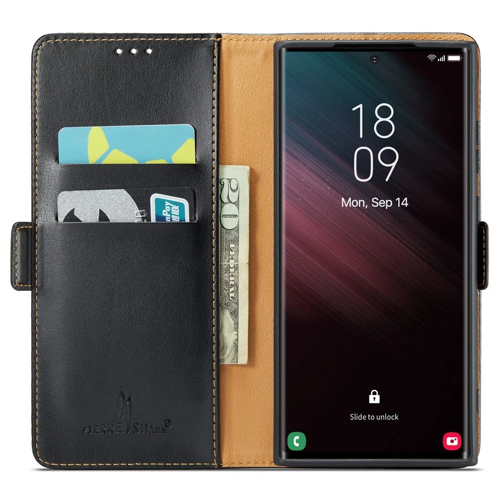 FIERRE SHANN For Samsung Galaxy S24 Ultra Case Anti-fall Leather Stand Wallet Protective Cover - Black - 2