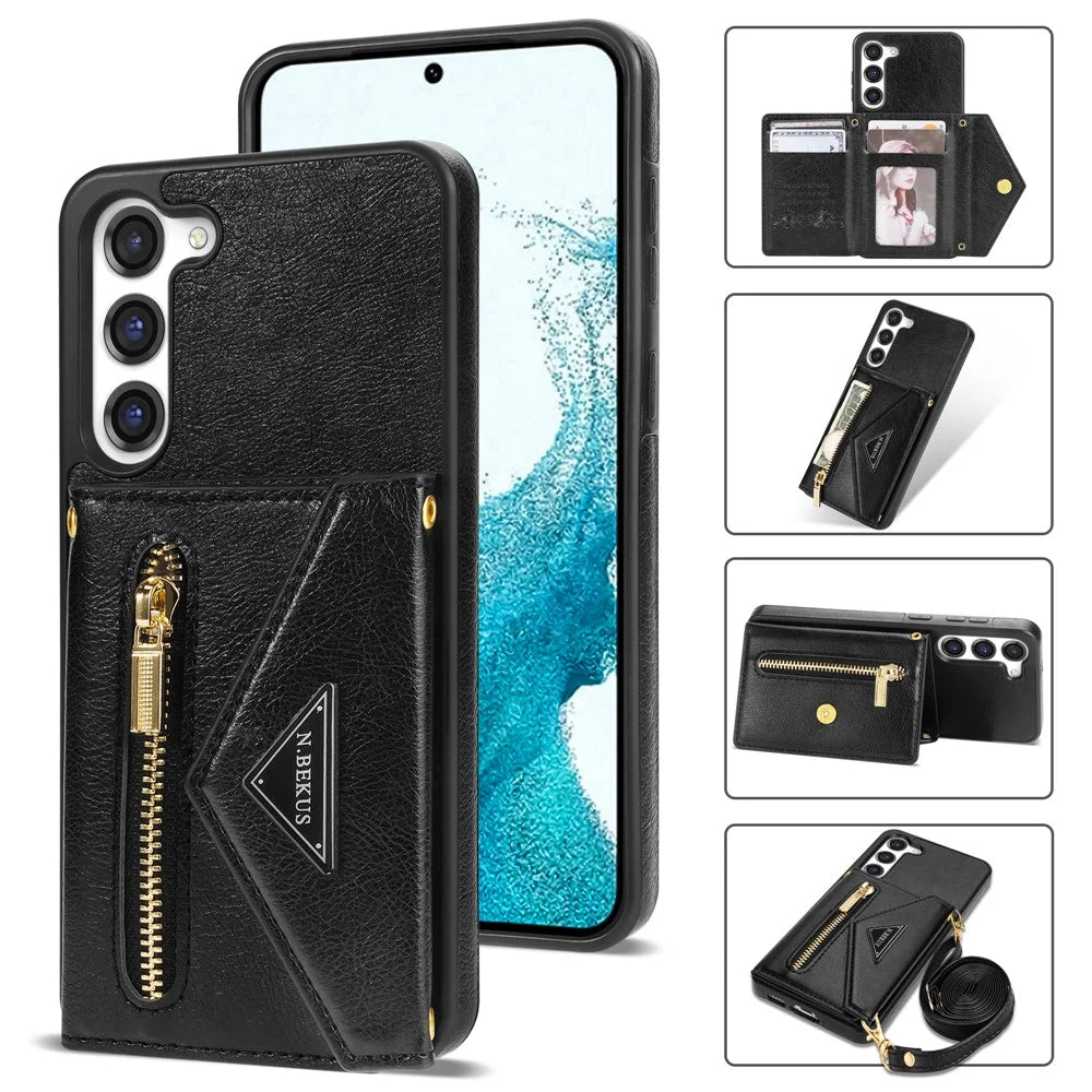 N.BEKUS For Samsung Galaxy S24+ Leather Zipper Case Card Holder Phone Cover with Shoulder Strap - Black - 1
