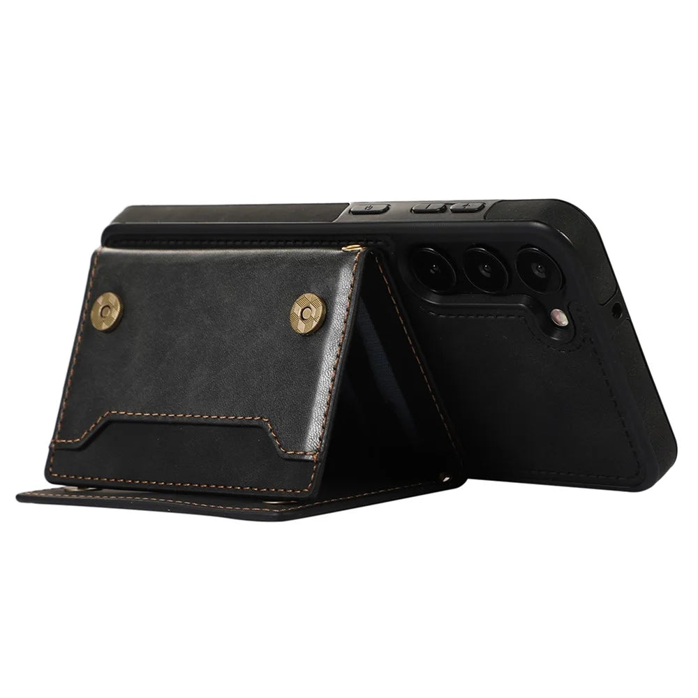 For Samsung Galaxy S24+ Case Wallet RFID Blocking Phone Kickstand Cover - Black - 5