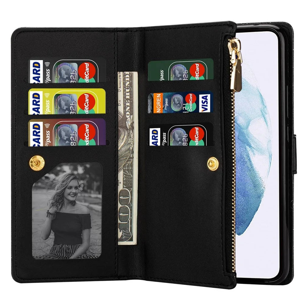 For Samsung Galaxy S24+ Case Zipper Wallet Glittery Leather Phone Cover - Black - 4