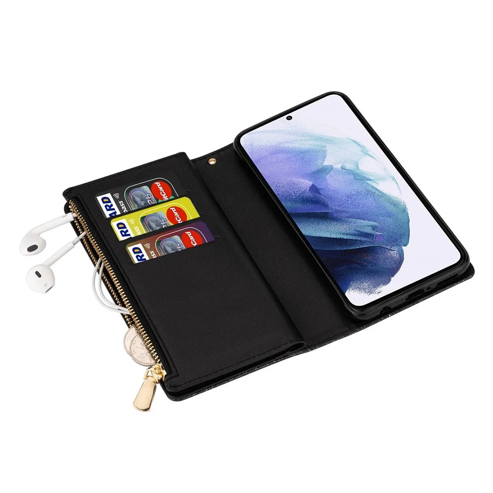 For Samsung Galaxy S24+ Case Zipper Wallet Glittery Leather Phone Cover - Black - 5
