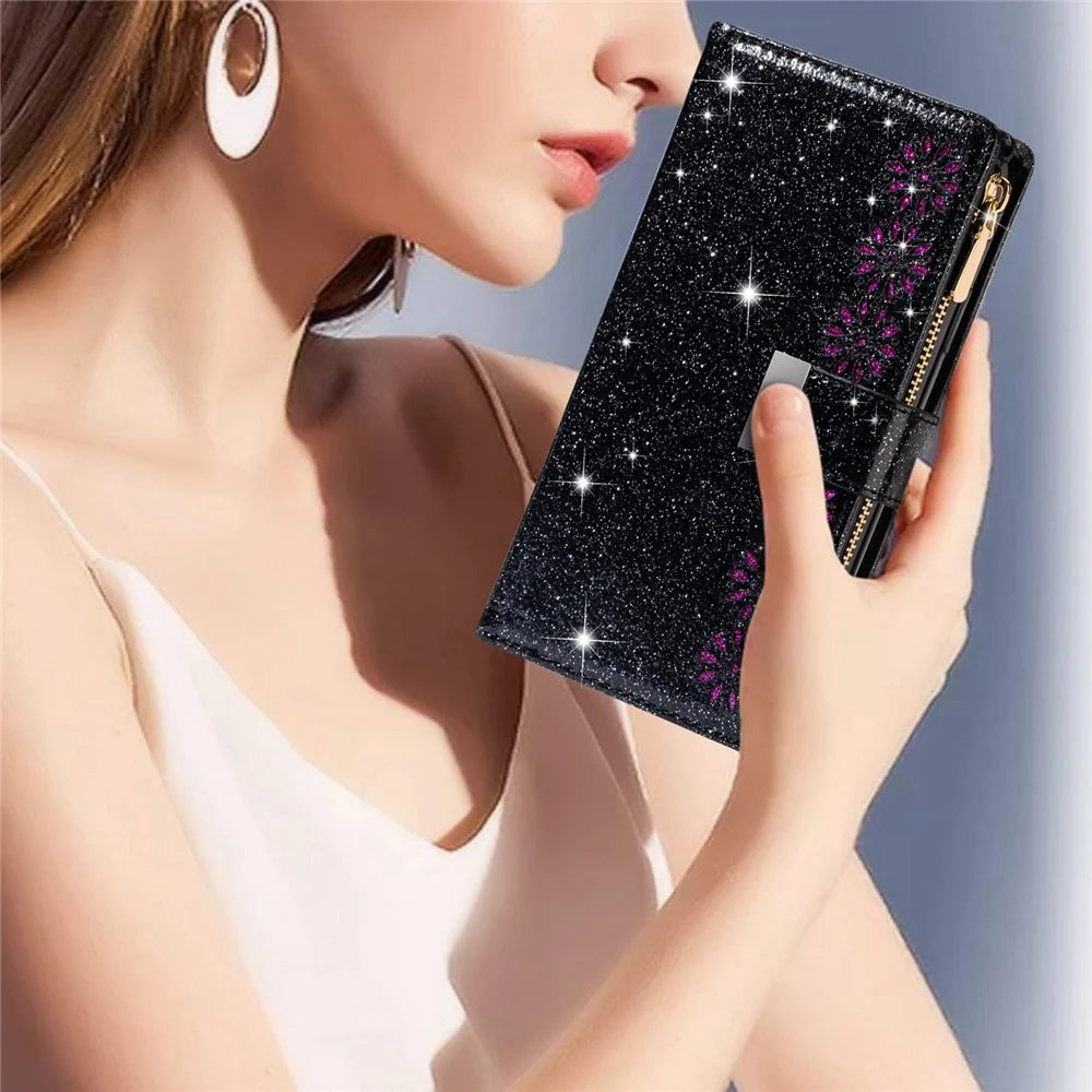 For Samsung Galaxy S24+ Case Zipper Wallet Glittery Leather Phone Cover - Black - 6