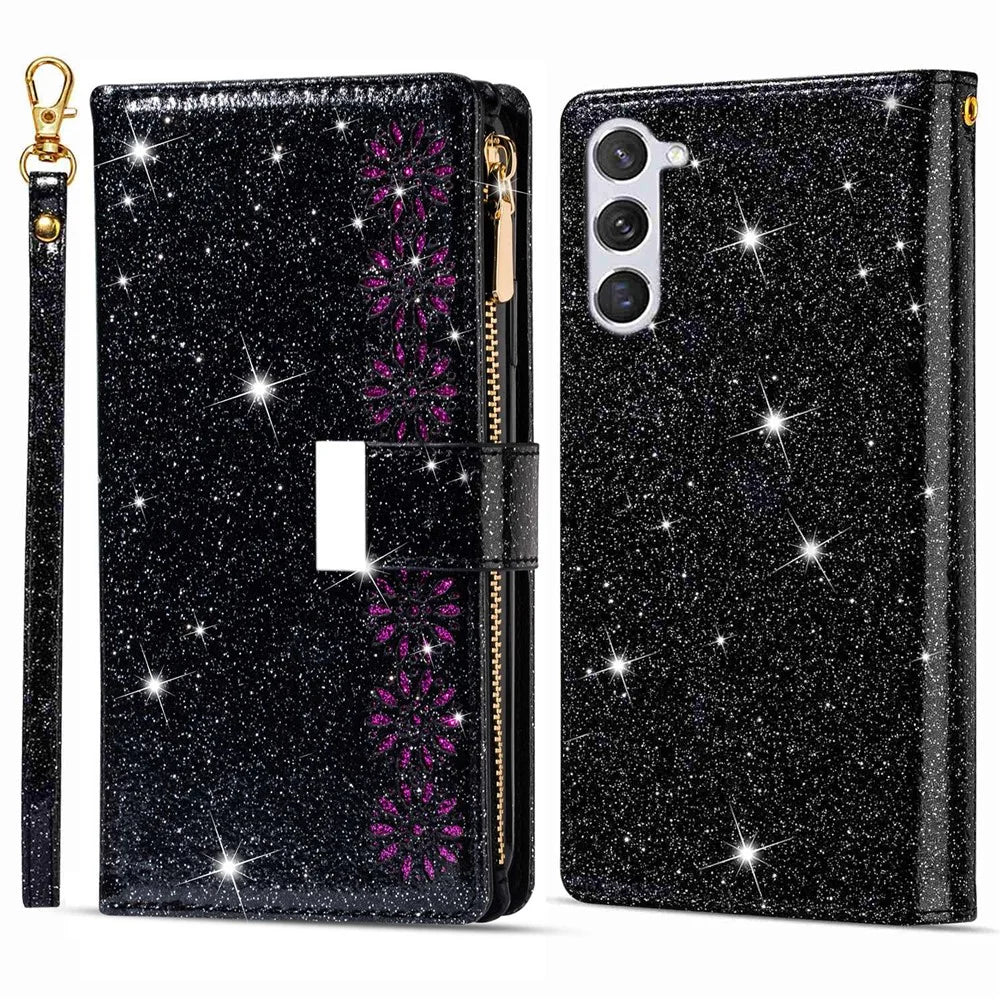 For Samsung Galaxy S24 Case Laser Carving Leather Phone Cover with Zipper Wallet - Black - 1