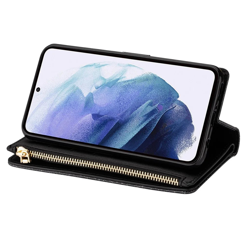 For Samsung Galaxy S24 Case Laser Carving Leather Phone Cover with Zipper Wallet - Black - 2
