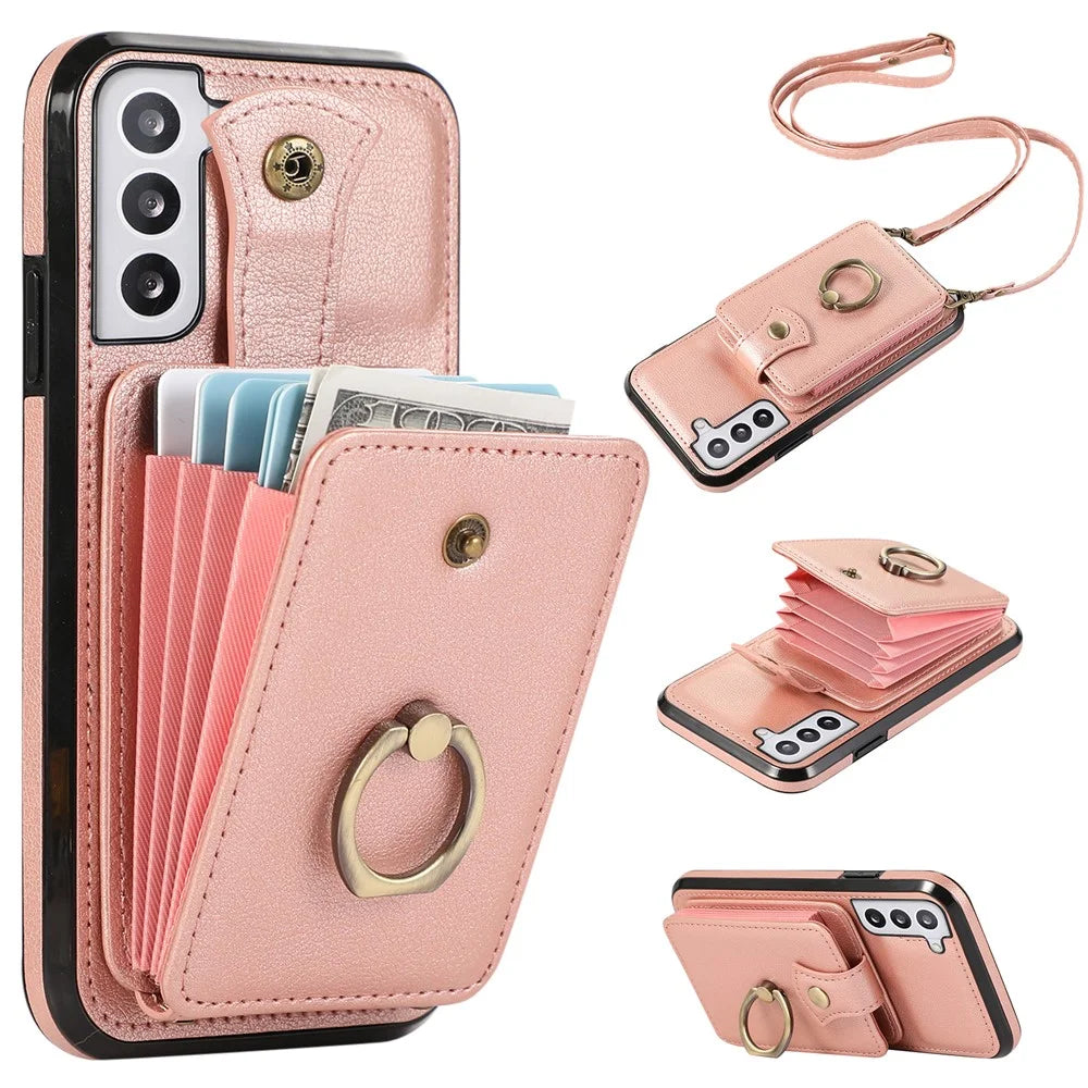 For Samsung Galaxy S22+ 5G Case Kickstand Slim-Fit TPU+PU Leather Mobile Phone Cover - Rose Gold - 1