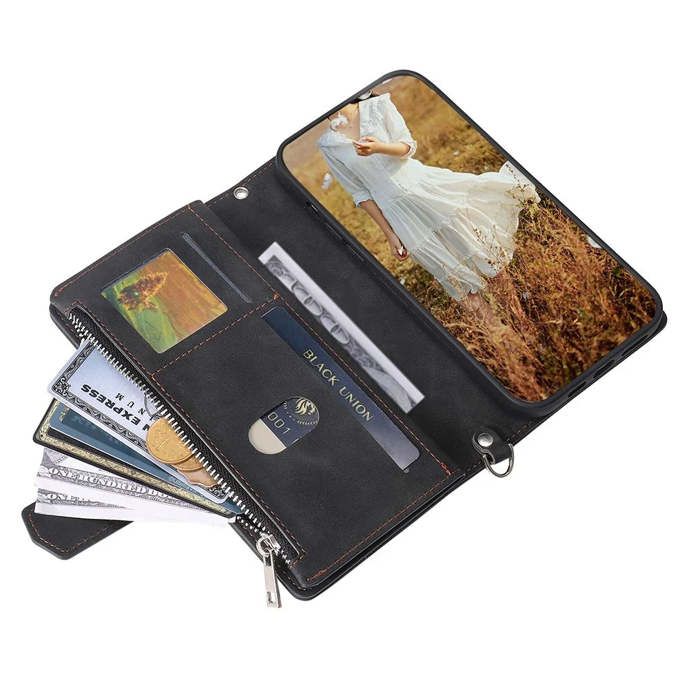For Samsung Galaxy A35 5G Rhombus Leather Case with Zipper Lanyard Stand Phone Cover - Black - 3