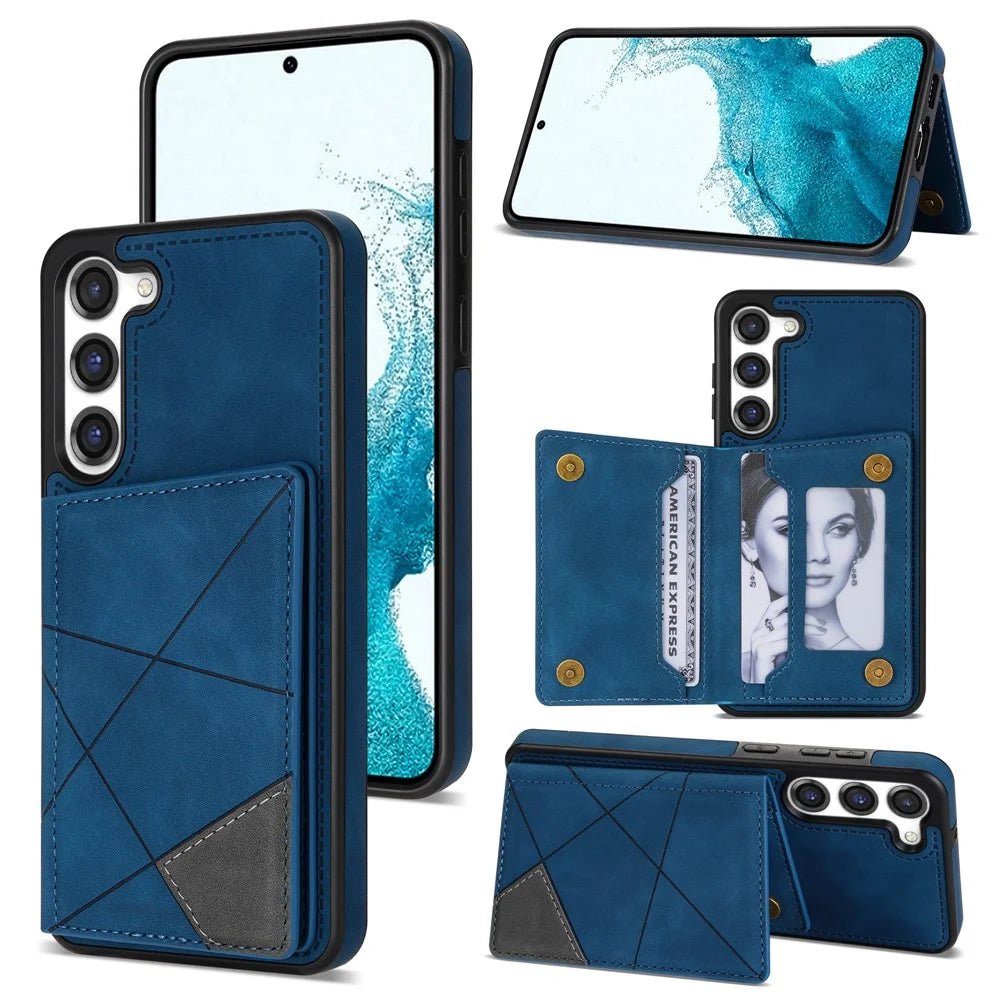 For Samsung Galaxy S24 Case Line Splicing Imprinted Leather Phone Cover - Blue - 1