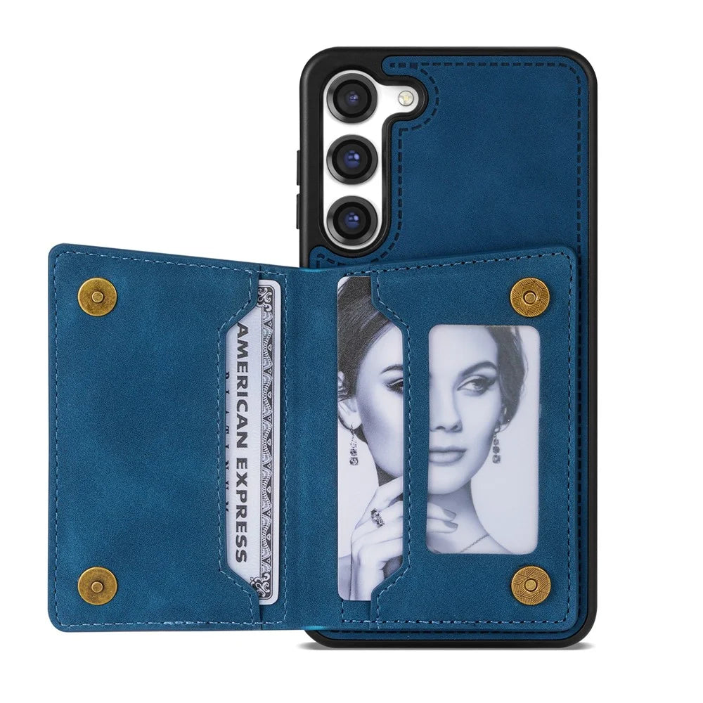 For Samsung Galaxy S24 Case Line Splicing Imprinted Leather Phone Cover - Blue - 4