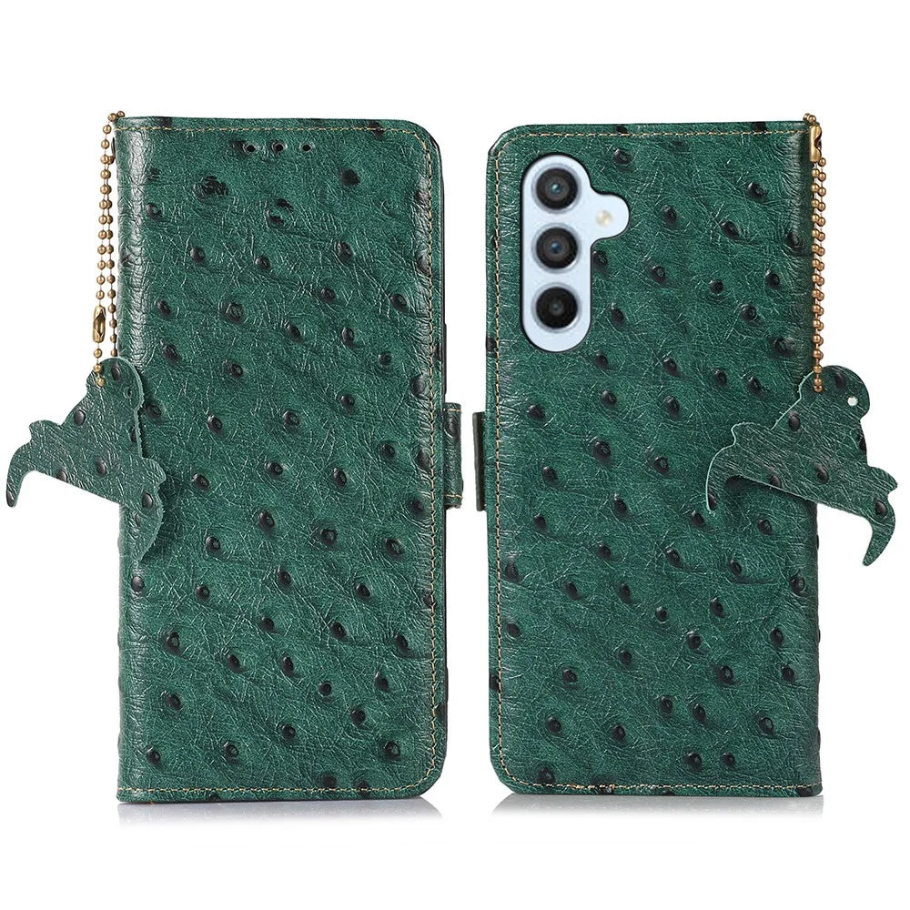 For Samsung Galaxy A55 5G Ostrich Texture Phone Case RFID Blocking Genuine Cow Leather Cover - Green - 1