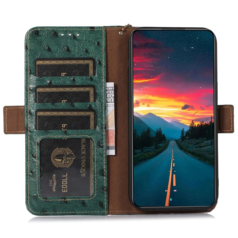 For Samsung Galaxy A55 5G Ostrich Texture Phone Case RFID Blocking Genuine Cow Leather Cover - Green - 2