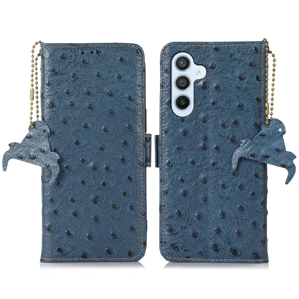 For Samsung Galaxy A35 5G Ostrich Pattern Genuine Cow Leather Cover - Blue - 1