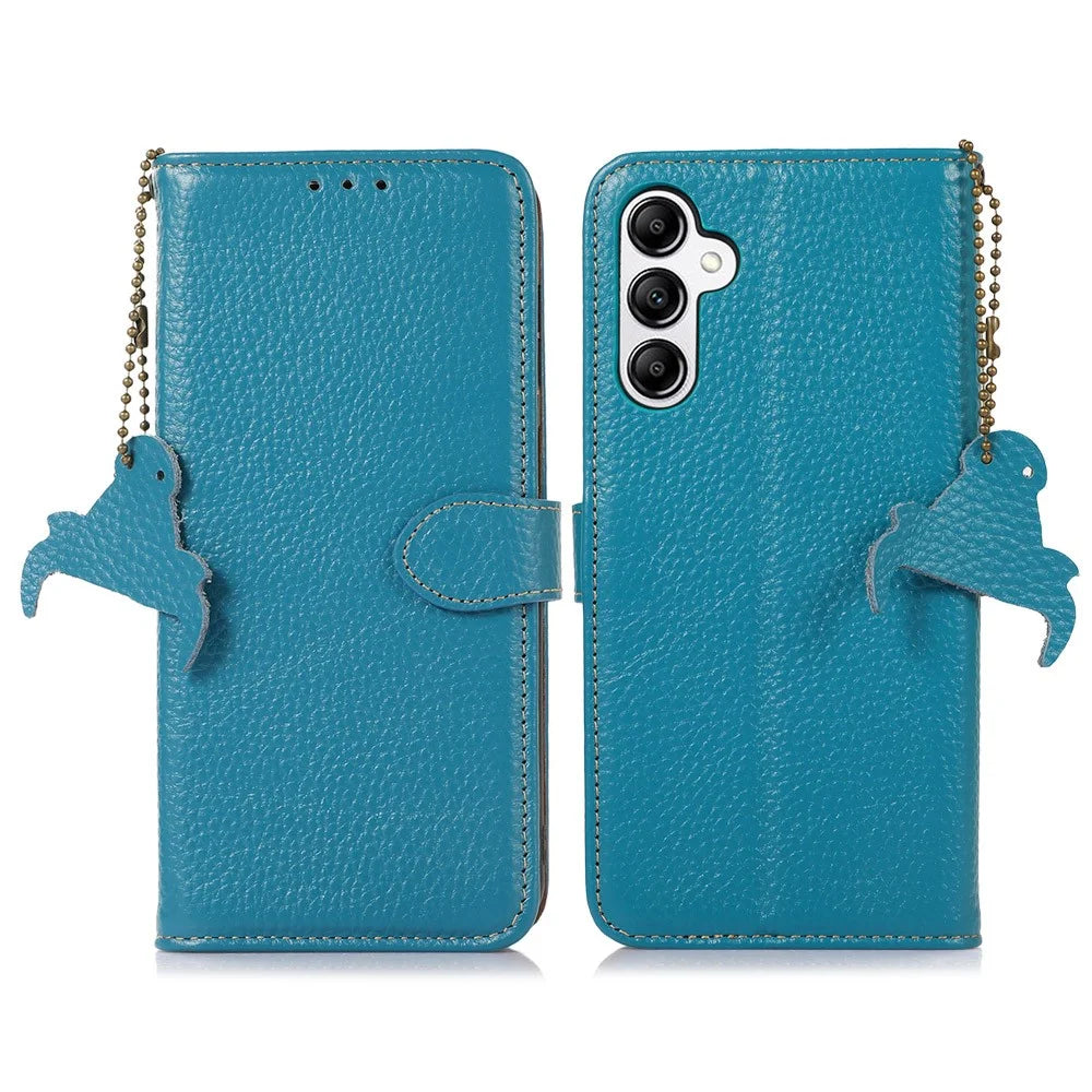 Wallet Case for Samsung Galaxy A35 5G Genuine Cow Leather Folio with RFID Blocking Cover - Blue - 1