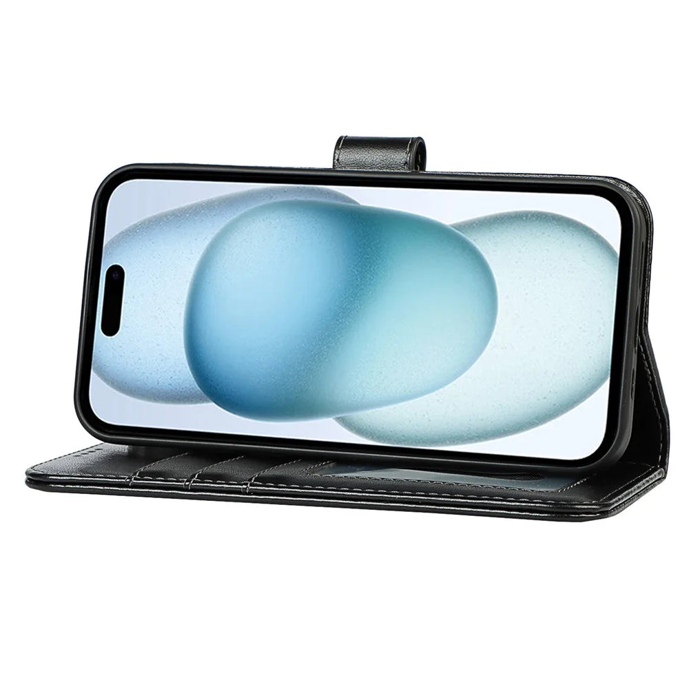 For iPhone 15 Cell Phone Case R61 Texture Felled Seam Flip Cover with Stand Wallet - Black - 3