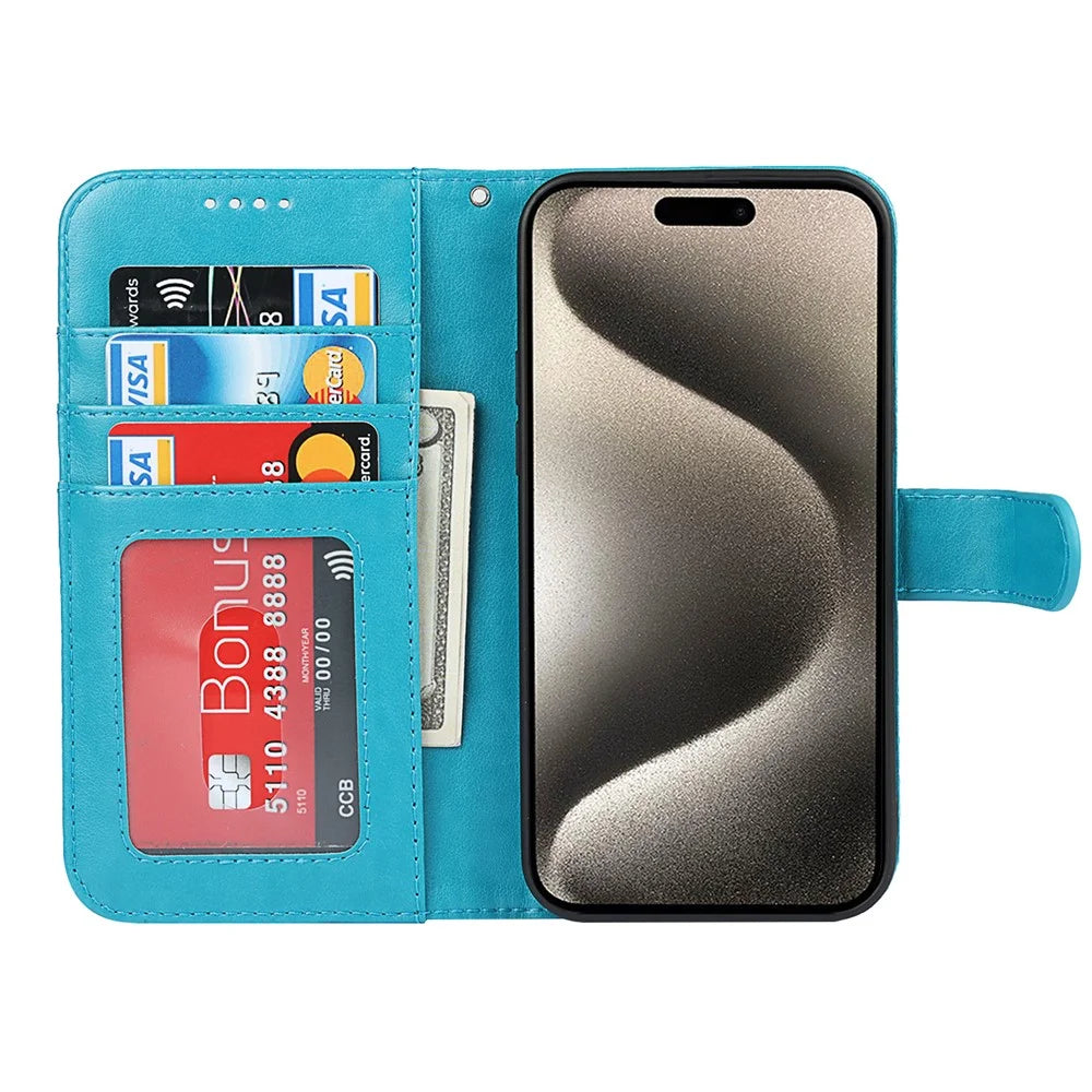 For iPhone 15 Pro Cell Phone Case R61 Texture Felled Seam PU Leather Cover with Stand - Blue - 2