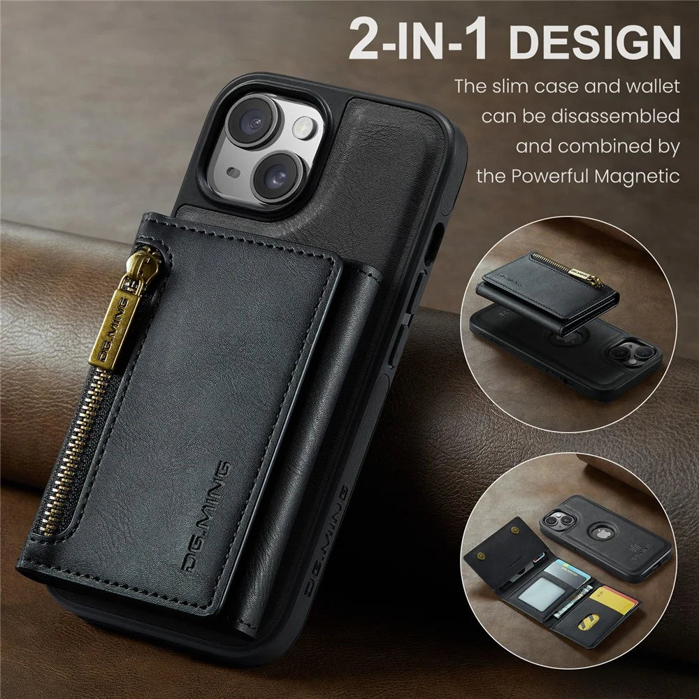DG.MING M5 Series For iPhone 14 Magnetic Case RFID Blocking Detachable Leather+TPU+PC Wallet Cover - Black - 3
