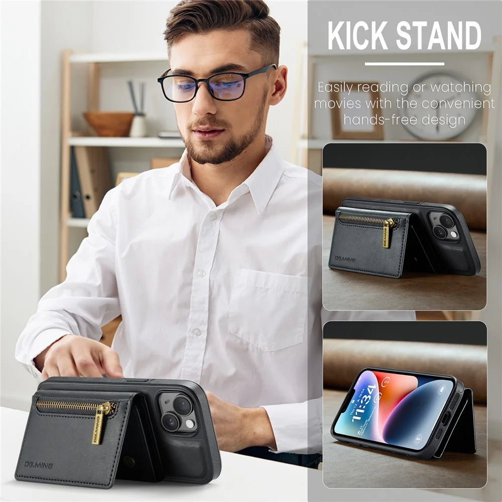 DG.MING M5 Series For iPhone 14 Magnetic Case RFID Blocking Detachable Leather+TPU+PC Wallet Cover - Black - 5
